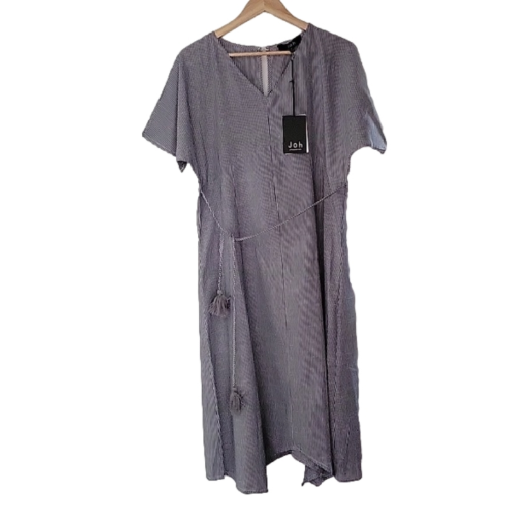 Joh Striped Cotton Short Sleeves V Neck Assymetrical Shift Dress Tassels Belt M